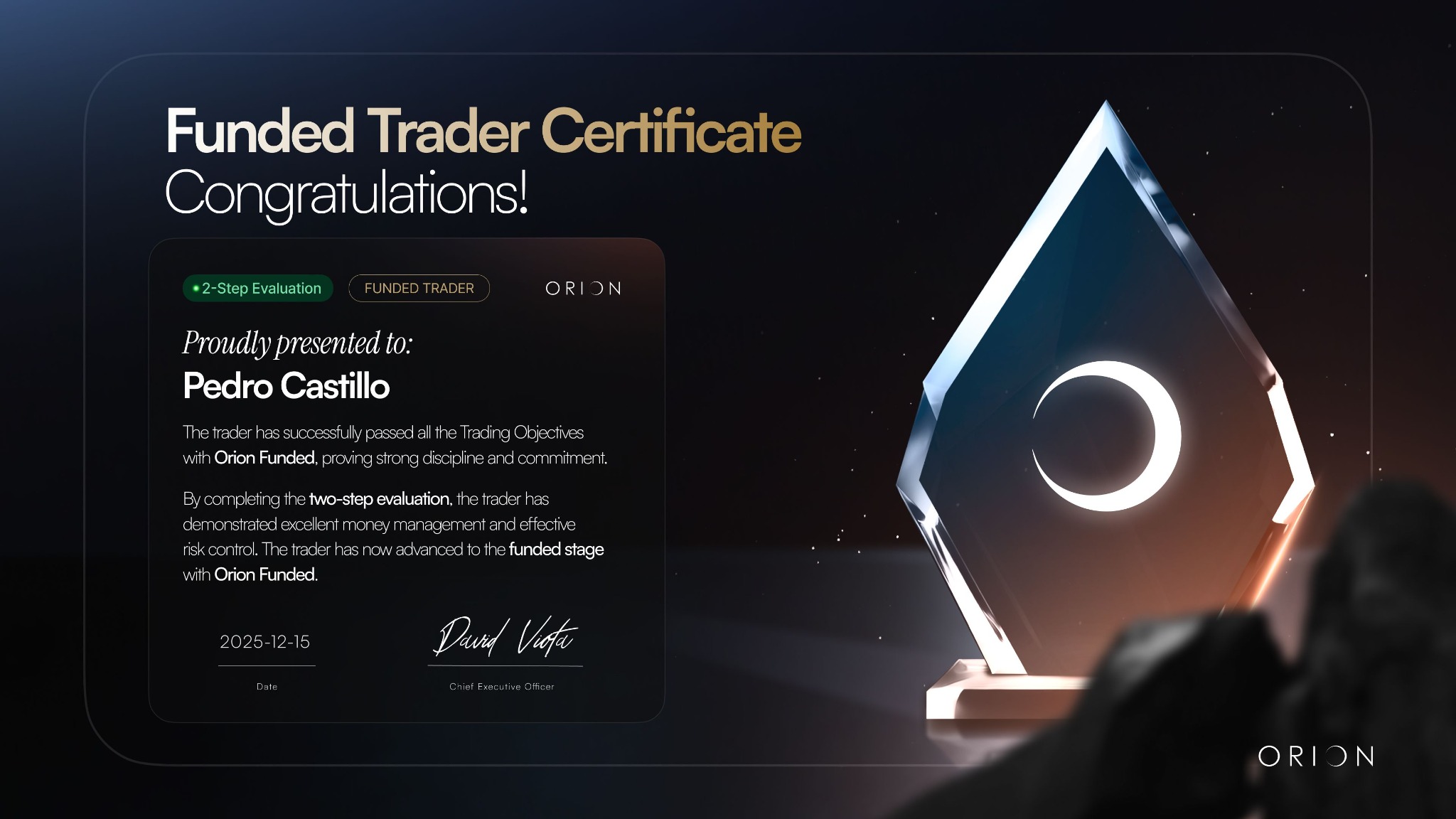 Certificado Funded Trader — Pedro Castillo — Orion Funded