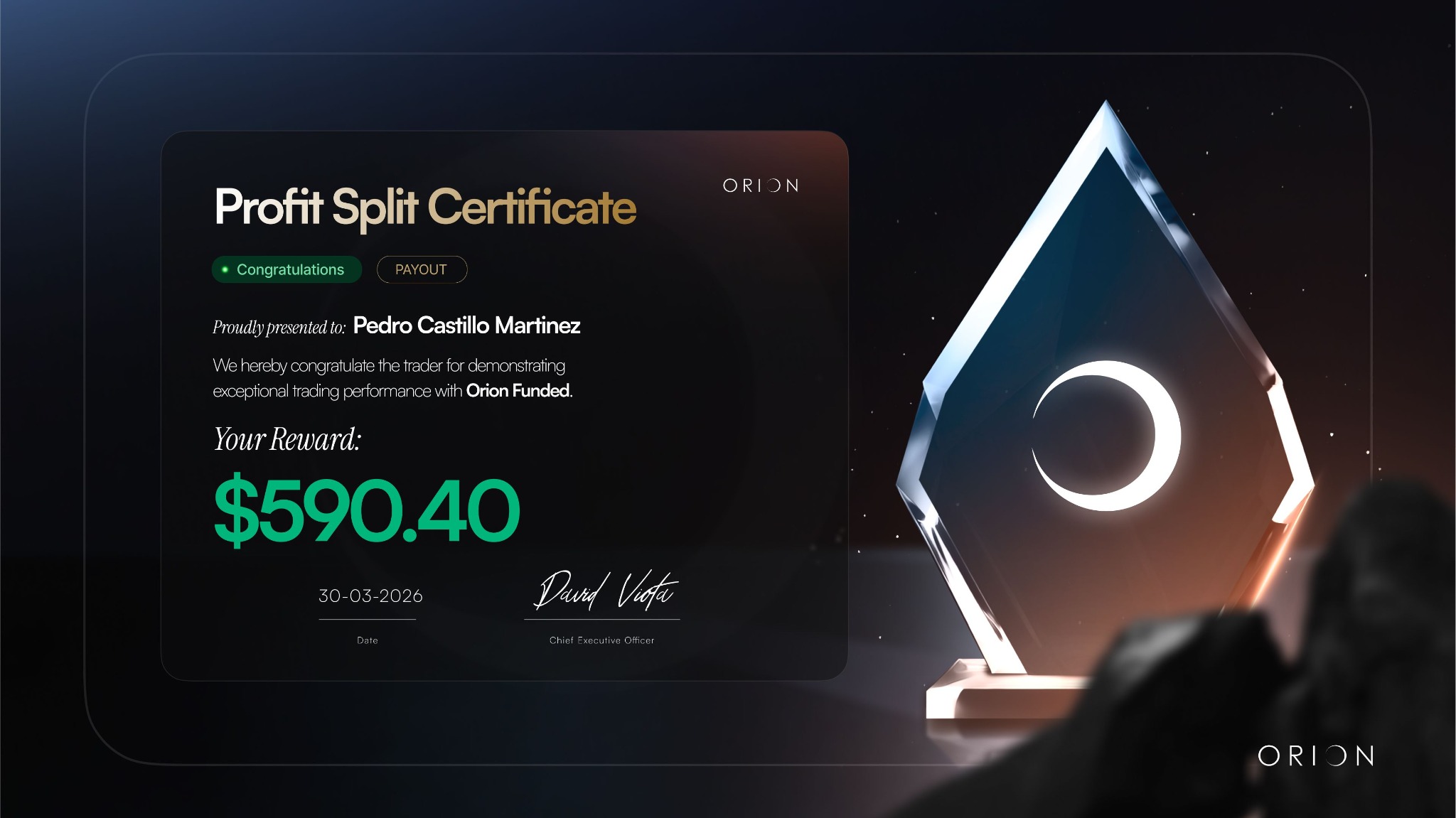 Profit Split Certificate $590.40 — Pedro Castillo Martinez — Orion Funded
